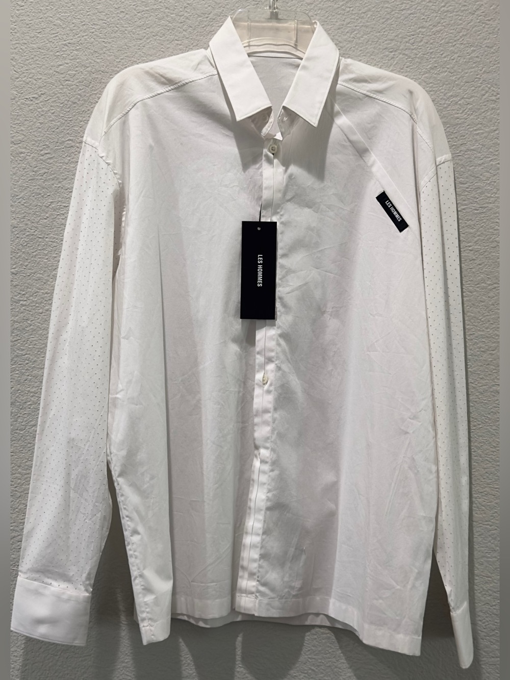 Les Hommes White Perforated-Sleeve Button Shirt